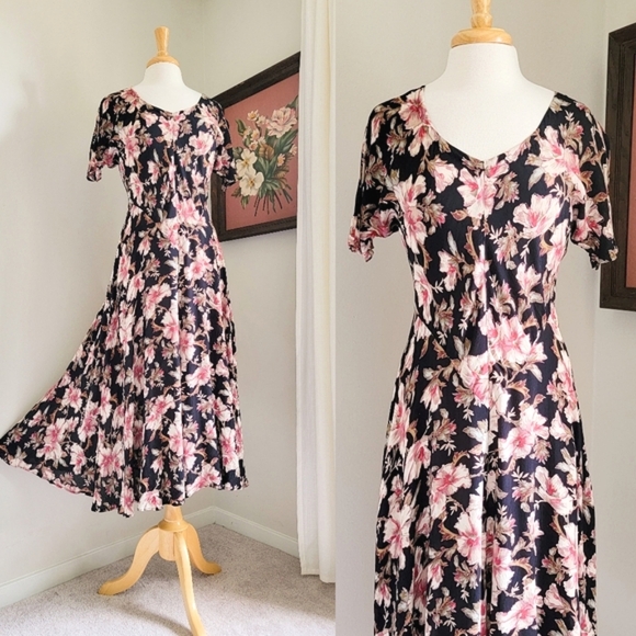 Vintage Dresses & Skirts - 90s Black Floral Bias Cut 1990s Vintage Rayon Gauze V Neck Midi Dress